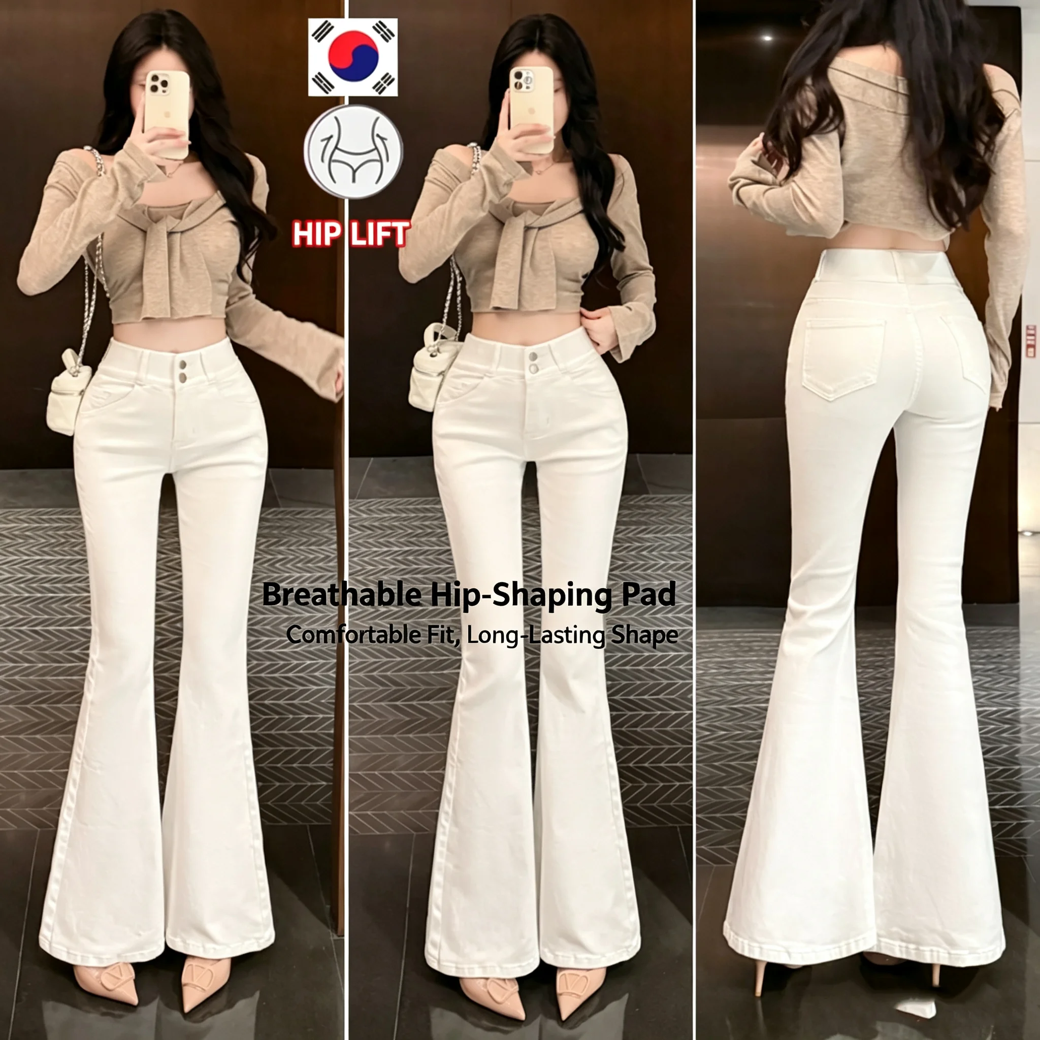 High Waist Stretchy Flare Jeans for Women, Hip‑Enhancing Off‑White Floor‑Length Bootcut Pants, Slim Fit Magic Leg Denim Trousers
