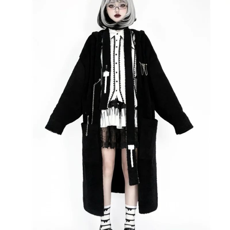 Y2k Aesthetic Lolita Style Long Knit Cardigan Women's Gothic Punk Hooded Sweater Coat Women's Street Style Knit Top