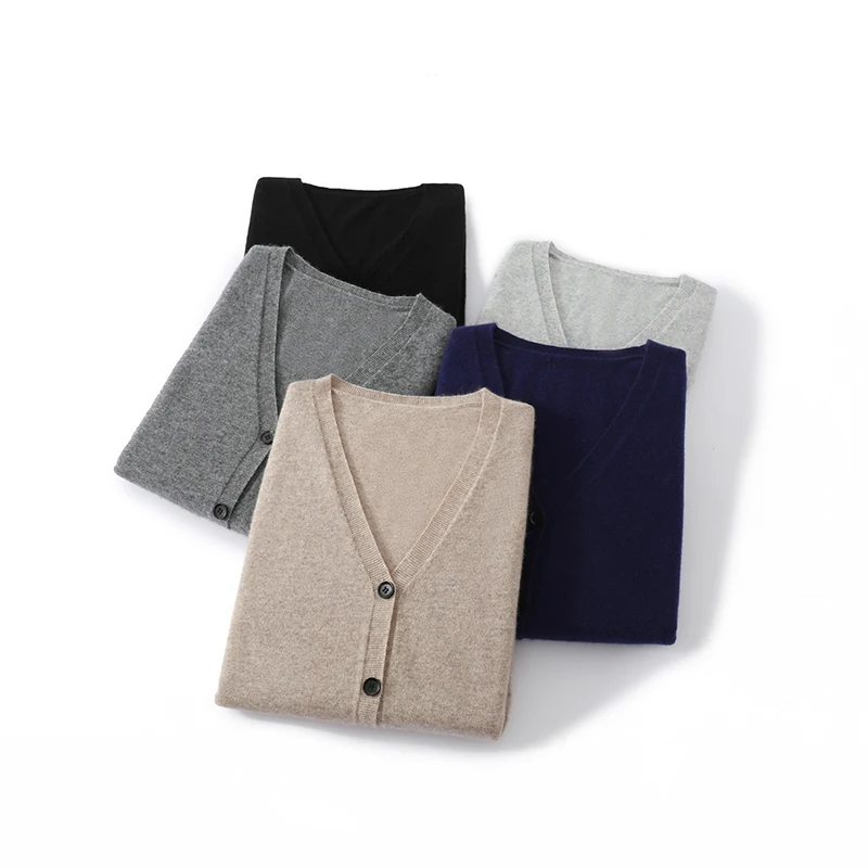

Autumn Winter Classic 100% Cashmere Sweater Men's V-Neck Knitted Cardigan Solid Color Button-Up Outerwear Sweater Casual Jacket