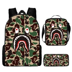 Camo Colored Shark Schoolbag Backpack Lunch Bag Pencil Case Set Gift for Kids Students