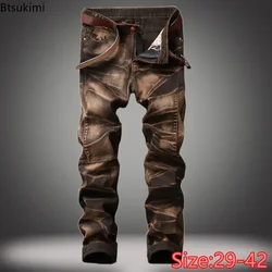 2026 Men's Fashion Vintage Jeans Slim Straight Leg Tie Dye Pleated Biker Denim Pants Male Casual Pants Oversized 42 High Quality