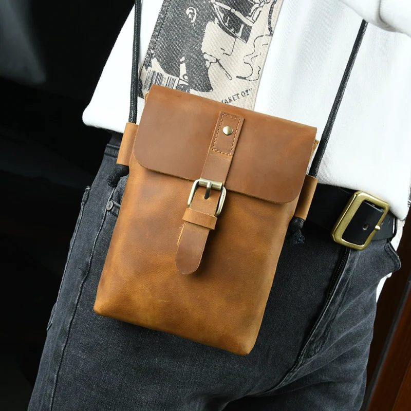 Original genuine leather mobile phone bag men\'s retro casual crossbody bag crazy horse leather shoulder bag simple and stylish s