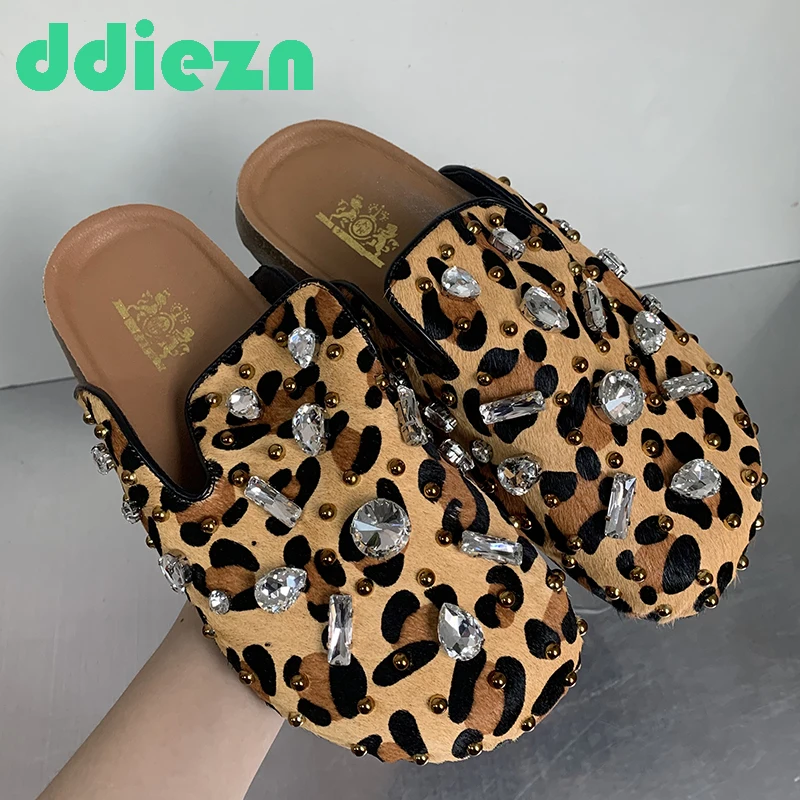 Women Shoes Leopard Mules Flat Slippers Rhinestones Slides 2024 Summe New Thick Sole Casual Luxury Shallow Flat Slippers