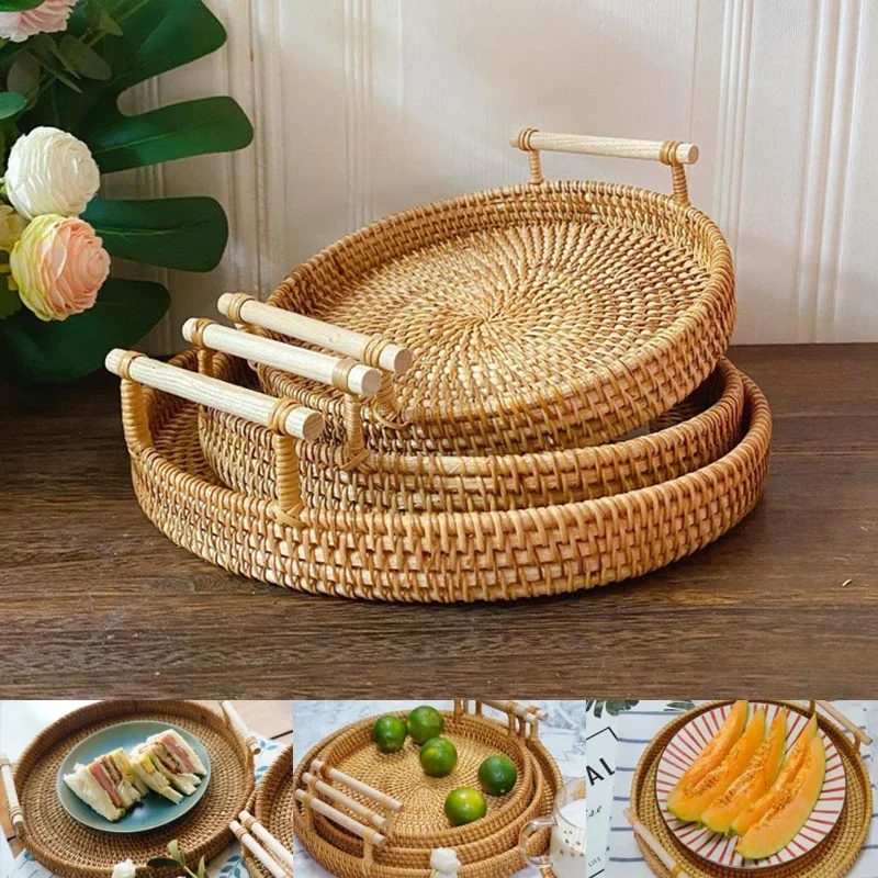 Mir de rangement en rotin tissé à la main, collation de gâteau aux fruits, rond, pique-nique, chaud, jxStorage