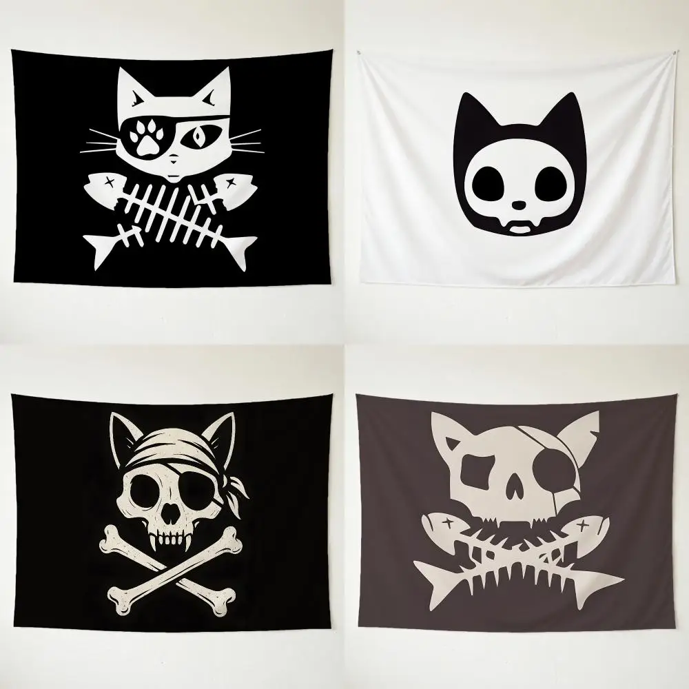 Art Skull Symbol Pirate Cat Skull Tapestry Washable Soft Daily Wall Hanging Decor for Living Home Room Bedroom