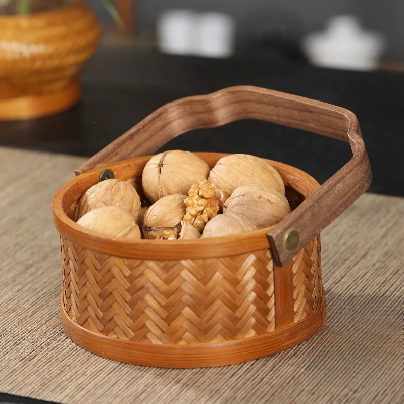 Food Snacks With Fiber - ตะกร้าสานไม้ไผ่เคลือบเงาแบบถือได้, กล่องใส่อาหารสไตล์จีนสำหรับเก็บผลไม้ ขนม ชุดน้ำชา, ถาดเสิร์ฟตกแต่งแบบพกพา