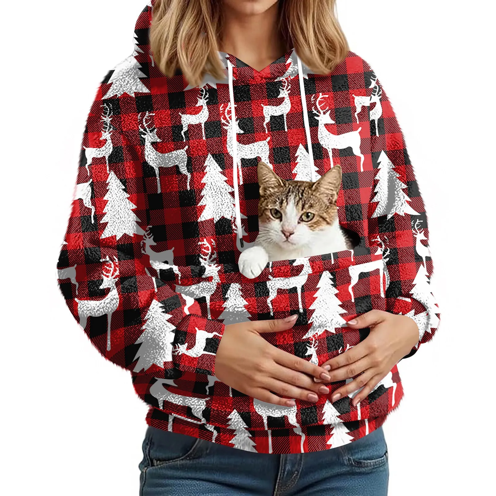 여성용 패셔너블 캐주얼 플리스 안감 긴 소매 포켓 후드 프린트 스웨트셔츠 여성 의류 겨울 의류 여성