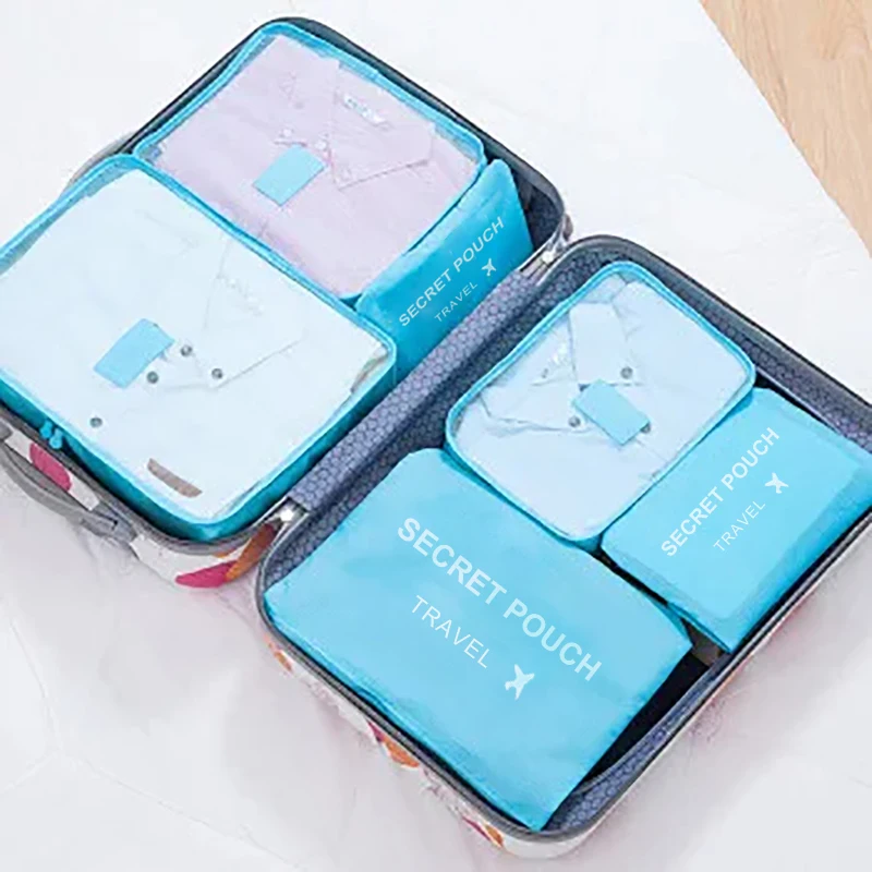 6pcs travel storage bags set (pink/blue/grey), large capacity waterproof luggage organizers for clothes & underwear with zipper 5