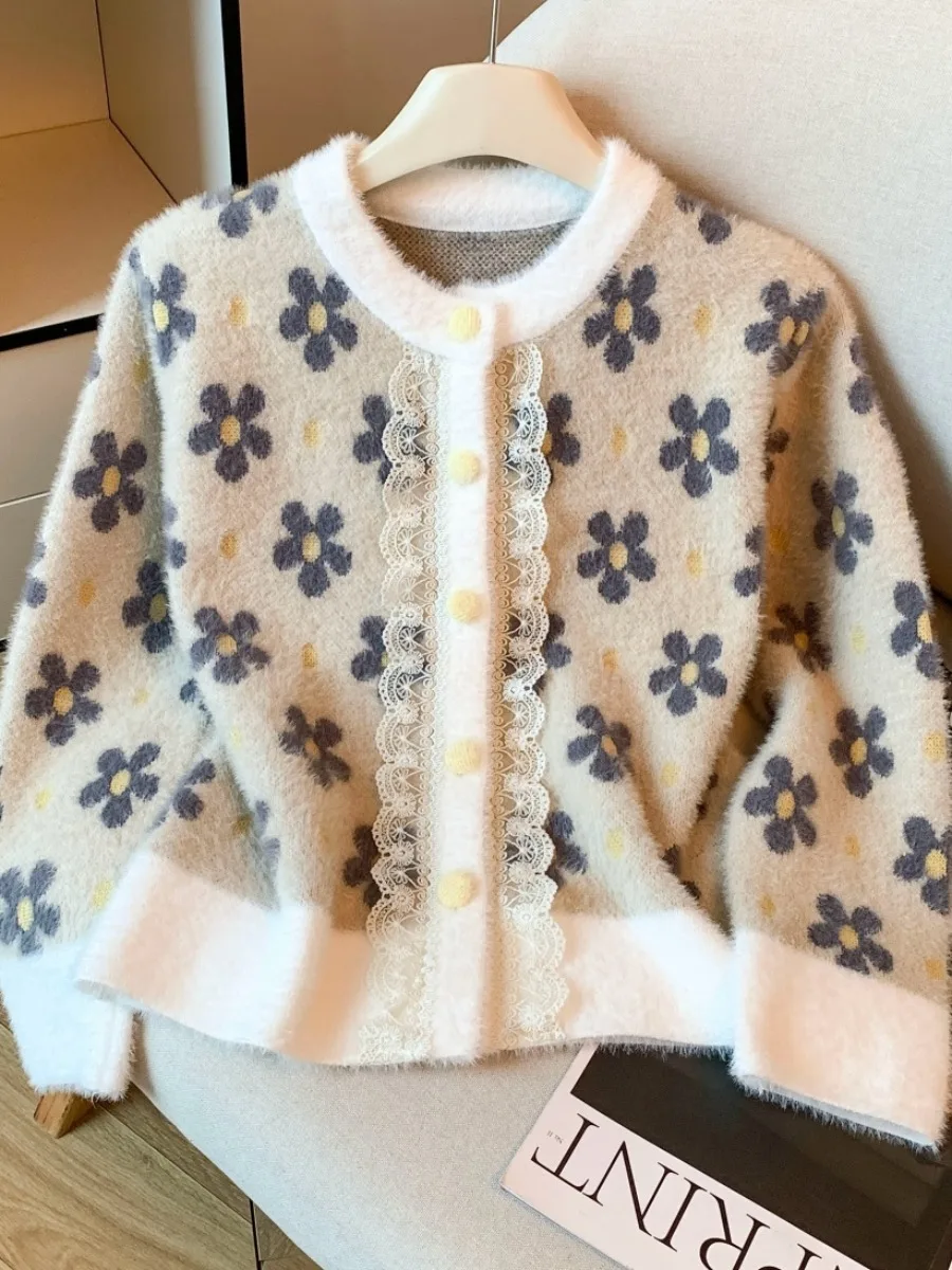 Miękki kardigan damski z dzianiny z aksamitu norek w delikatnych kolorach, słodki sweter na jesień i zimę, oryginalny projekt, luźny krój, nadruk...