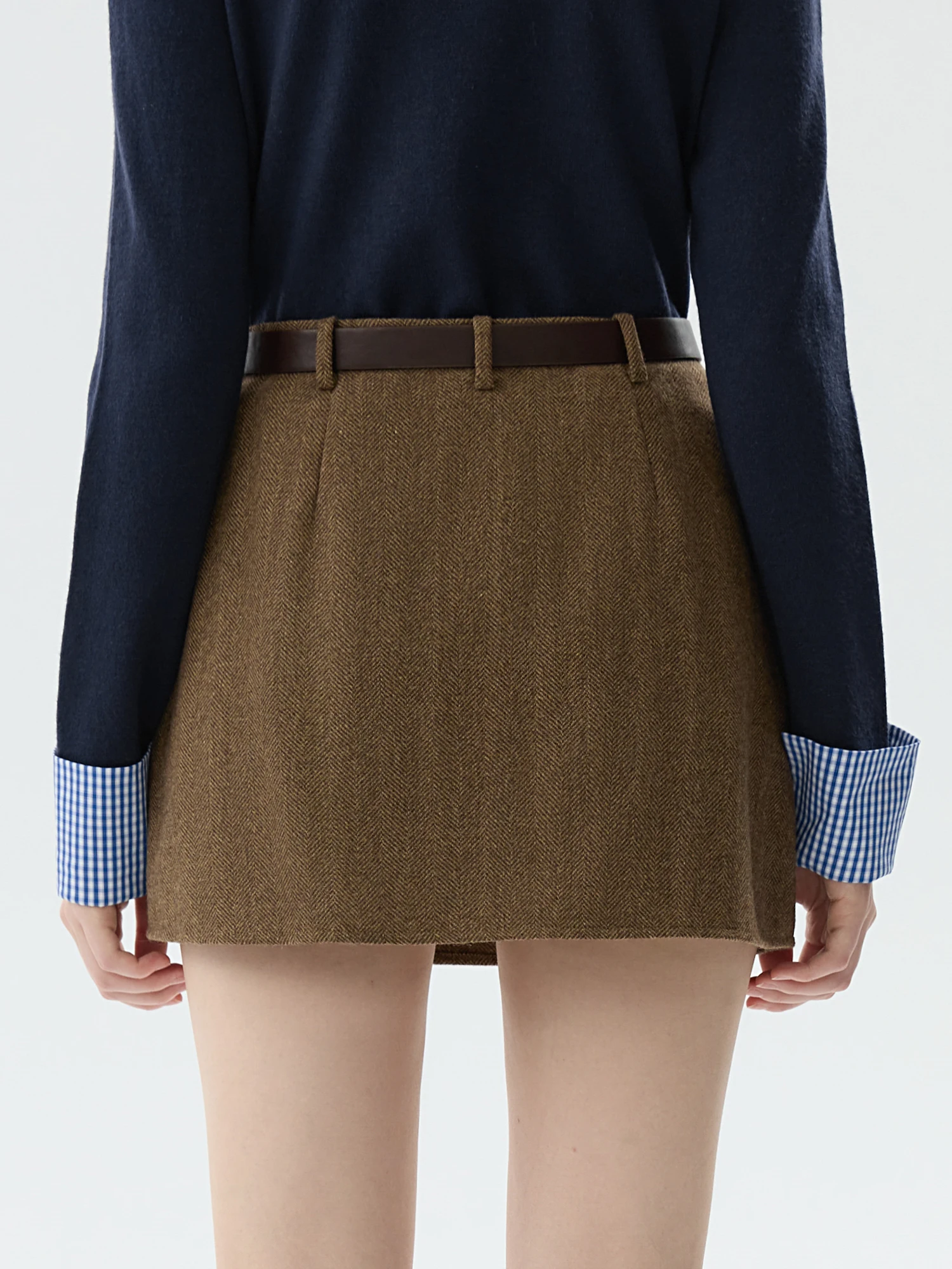 FSLE Women Winter Mini Skirts 56.8% Wool Blended Female Brown A-LINE Skirt Pocket Decoration Zipper Waist Skirt 24FS14623