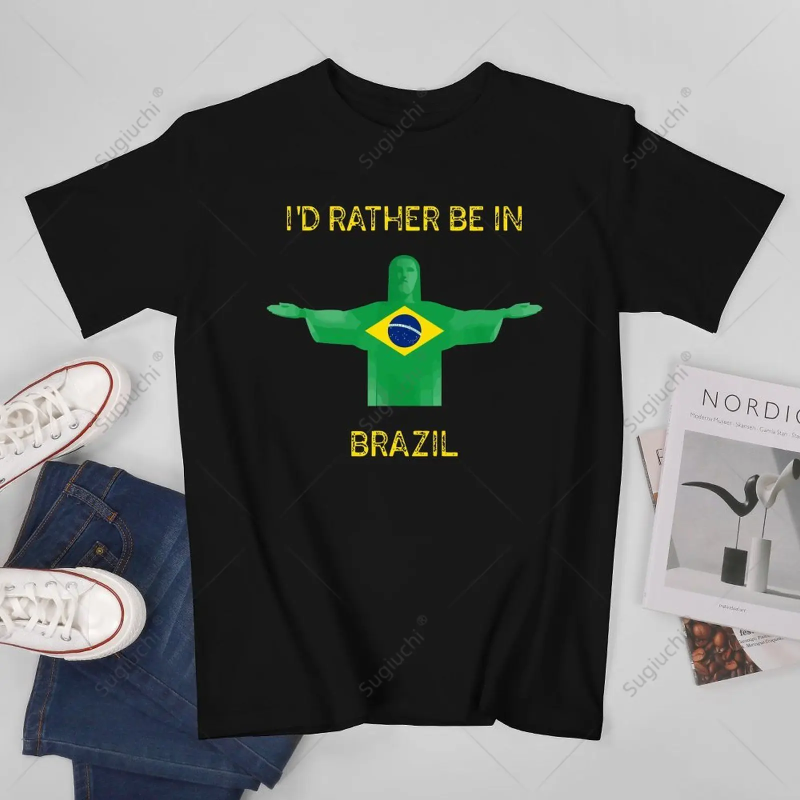 Unisex Men I'D RATHER BE IN Brasil Flag of Brazil Tshirt Tees T Shirts Women Boys 100% Cotton T-Shirt