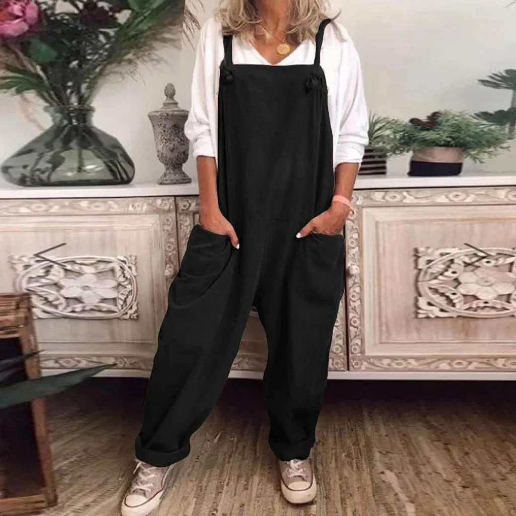 Solid Color Women Loose Knot Tie Cotton Linen JumWomens Plus Size Overalls Casual Loose Dungarees Romper Baggy Playsuit Jumpsuit