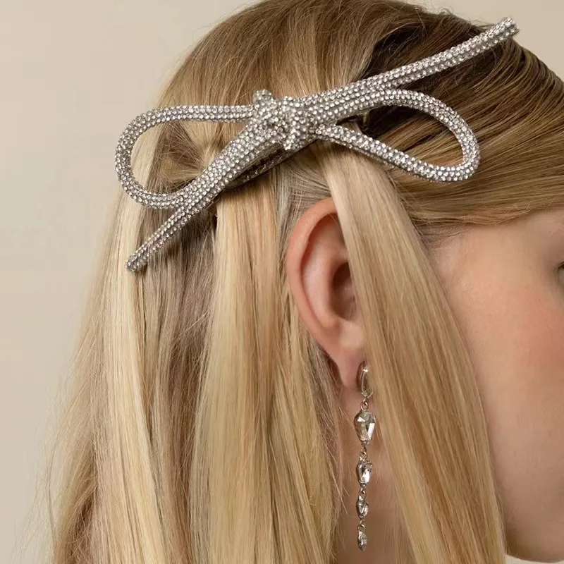 Elegancka błyszcząca kokardka ze strasem spinka do włosów dla kobiet słodka grzywka z boku klips fryzjerski moda wyolbrzymia akcesoria do włosów — zdjęcie 4