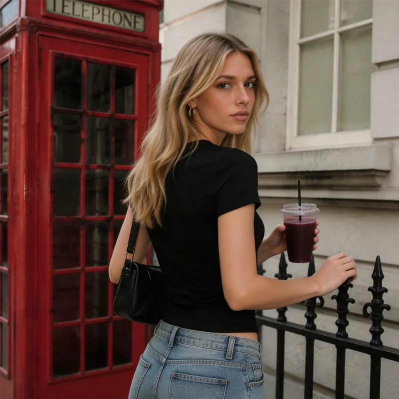 Women's Slim Fit Round Neck Short Sleeved Black Top with Rhinestone UK Print Y2K Streetwear for Summer Daily Outings