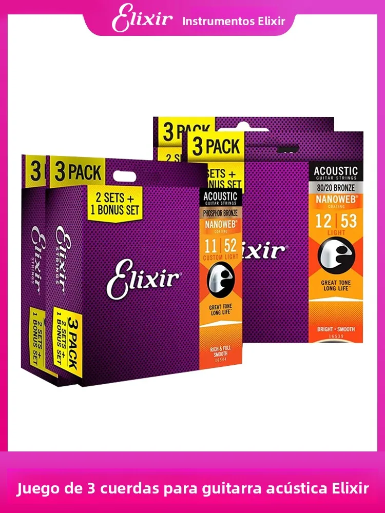 Cuerdas para Guitarra Acústica Elixir 16052 de Bronce Fosforado, Paquete de 3, Cuerdas Recubiertas para Guitarra Acústica, Ac...