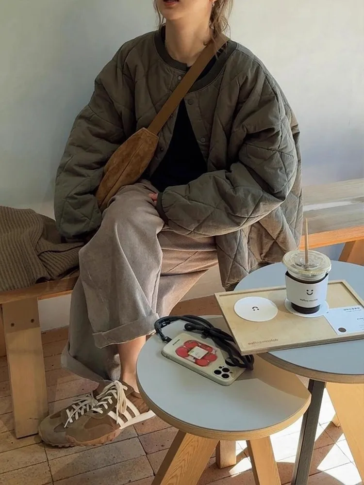 

Ретро-японская легкая утепленная куртка с ромбовидным узором из хлопка для женщин, осенне-зимняя новинка, теплая тонкая парка