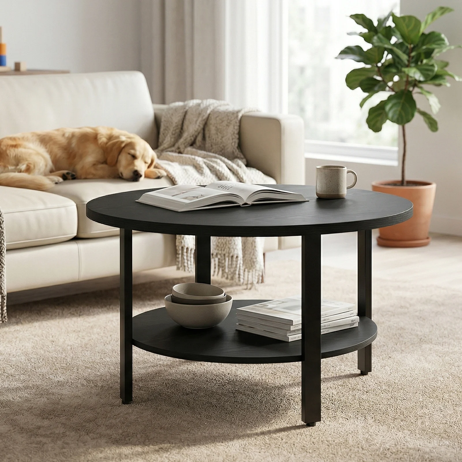 Portable Wood Coffee Table 31.5in Round Coffee Table 2 Tier Center Table with Storage Easy Assembly for Living Room Home Black