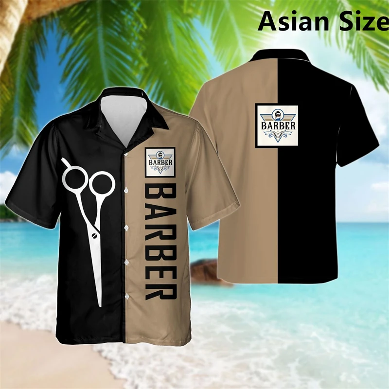 Simple Fashion Barber Graphic Shirts Summer Trend Short Sleeve 3D Print Lapel Workwear Shirt Casual Breathable Loose Unisex Tops