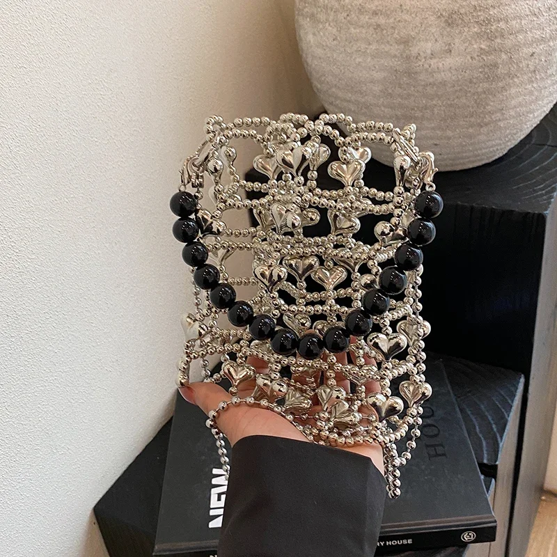 

Silver Shiny Bag Handmade Woven Beaded Mobile Phone Bag Long Shoulder Strap Single Shoulder Crossbody Bag Women Clutches