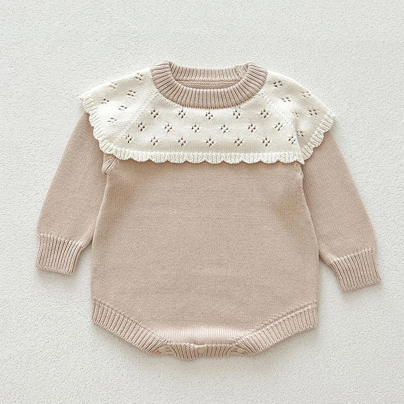 2024 New Autumn Baby Girl Knitted Clothing Newborn Baby Girls Knitted Bodysuits Long Sleeved Splicing Korean Style Climbing Suit