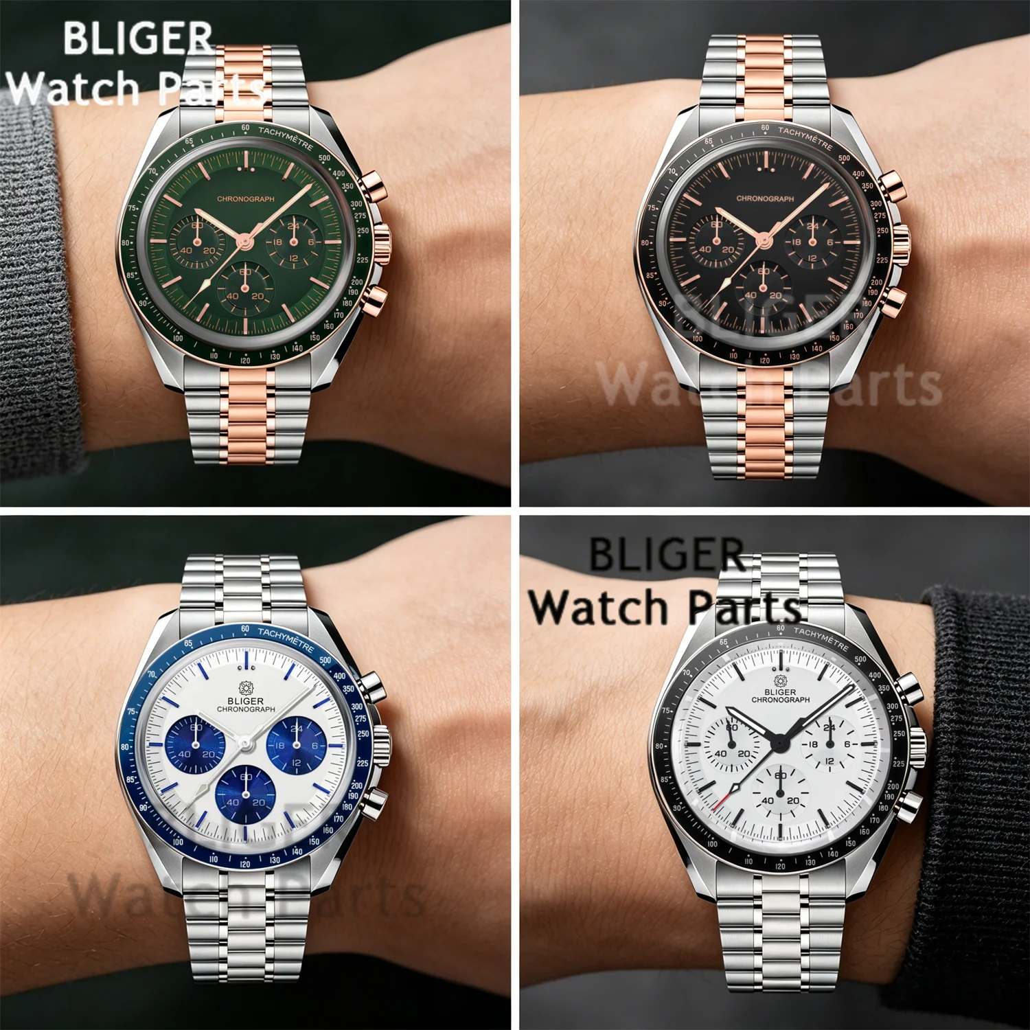 

BLIGER VK63 Fashion Men's Quartz Chronograph Watches Luxury Speed Stainless Steel Rose Gold Index Dial Waterproof 5ATM Luminous