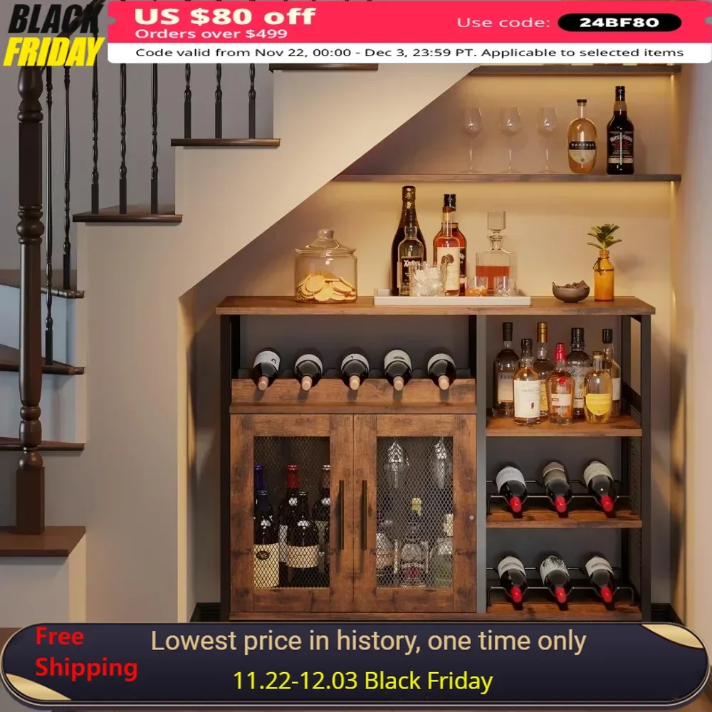 Bar cabinet, Removable wine rack with glass holder, Suitable for kitchen, living room