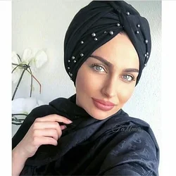 Elastic Jersey Cotton Twist Turban Caps for Women Pearls Beading Female Head Wraps Bonnet Indian African Hat Turbante Mujer