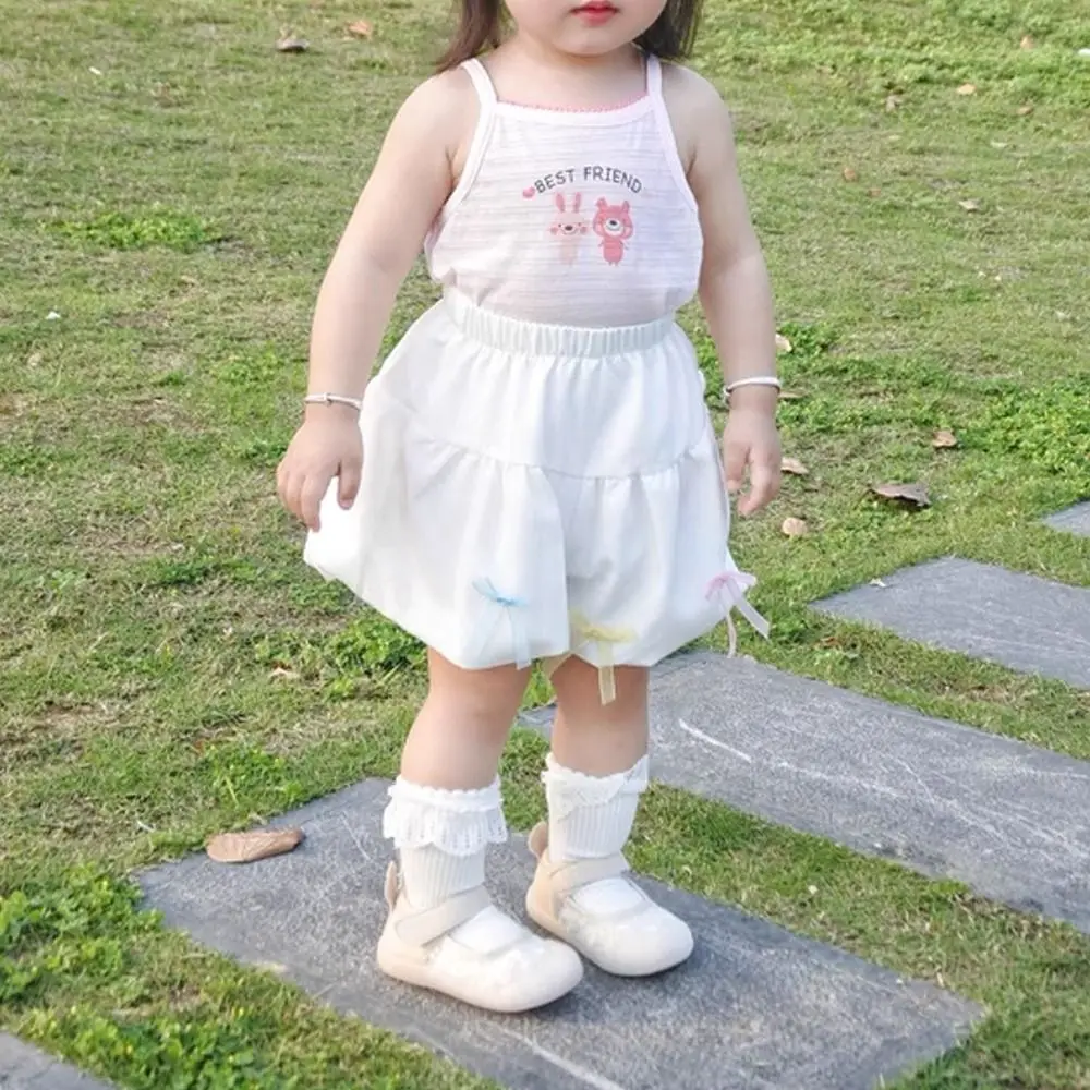 Solid Color Girls Shorts Elastic Waist Bow Decorative Toddler Shorts Puffball Shorts Side Seam Children's Clothing 3-7 Years