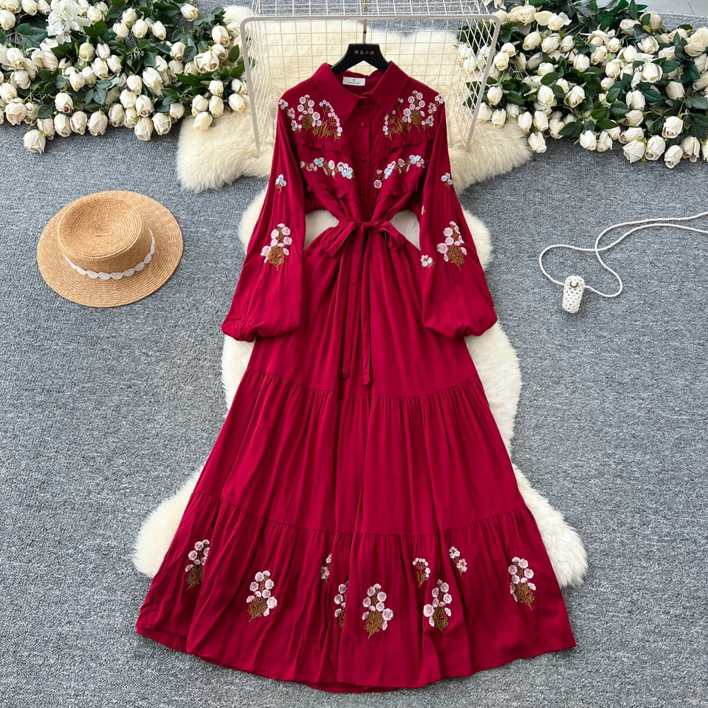 Chic vintage Embroidered print Elegant Fairy korean fashion Boho Sundress women clothing Long dress