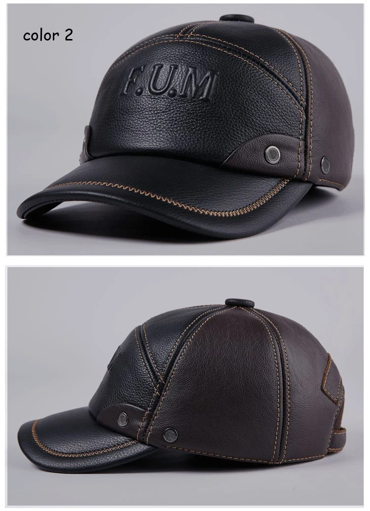 New Winter Genuine Leather Patchwork Baseball Caps For Men Warm Cowhide Golf Peaked Dome Hats Male Letters Adjustable