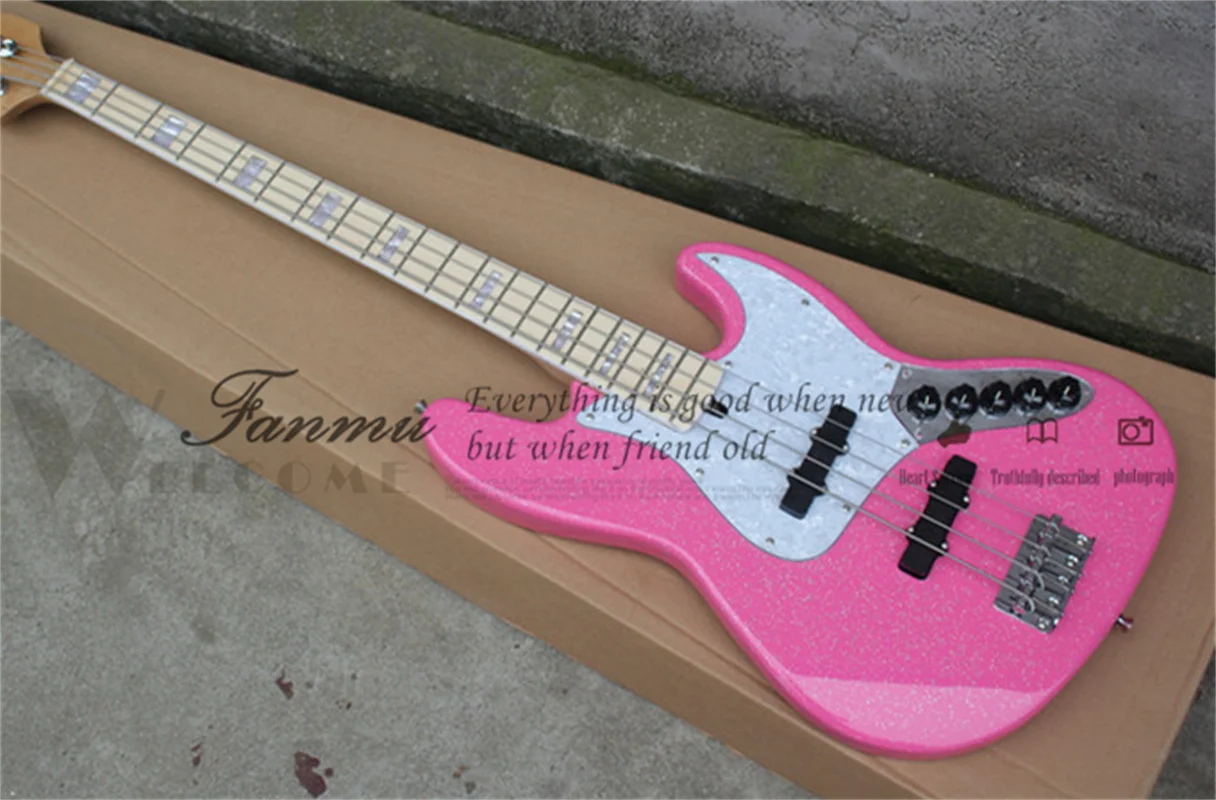 4 string electric bass guitar, V7 bass, pink granular silver body, active battery case