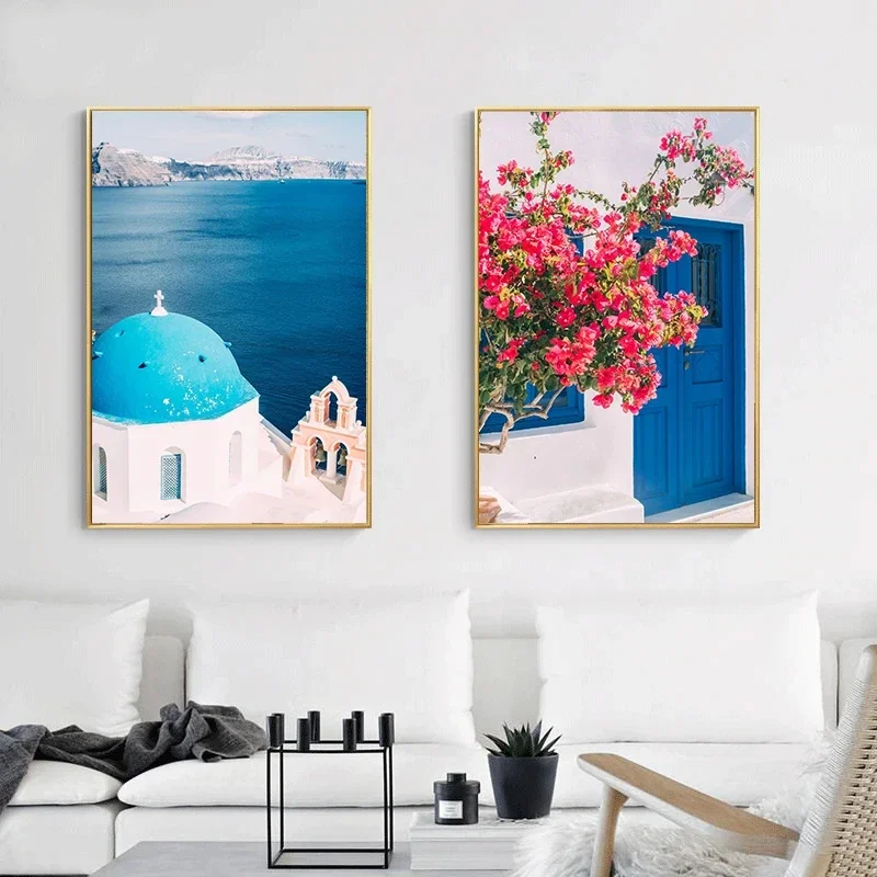 Santorini Greek Island and Aegean Sea Poster Travel Oil Painting Landscape Wall Art Living Room Decoration Home Decoration Mural