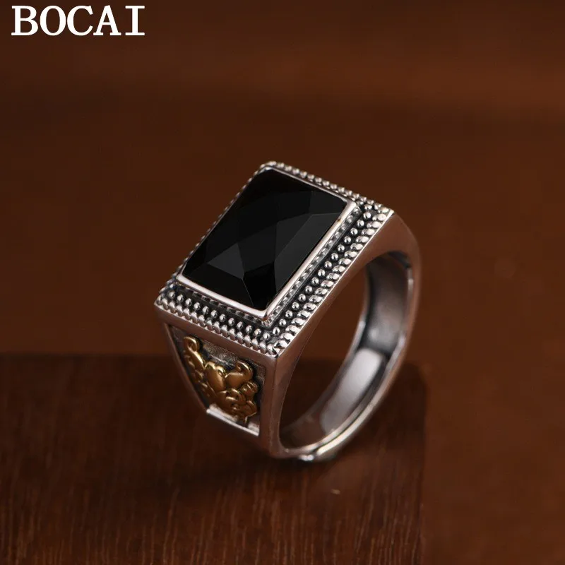 

BOCAI NEW S925 Sterling Silver Retro Personality Gold Gluttonous Hemp Rope Pattern Inlaid With Sliced Agate Blocks Men's Ring