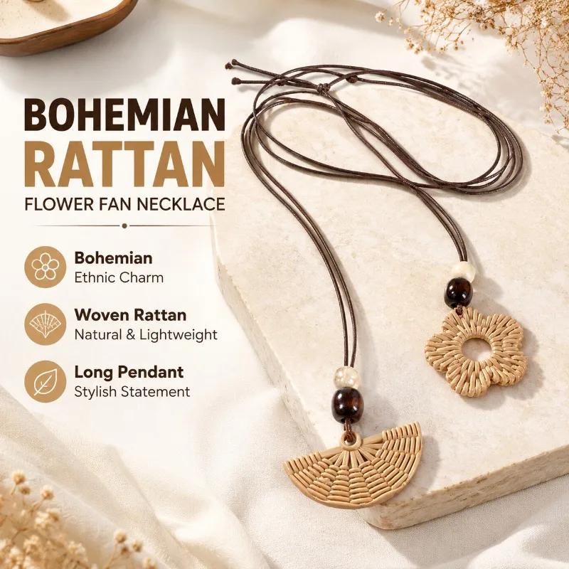 Bohemian Ethnic Braided Rope Necklace Imitation Rattan Flower Fan-shaped Pendant Retro Handmade Collar Jewelry Women Holiday