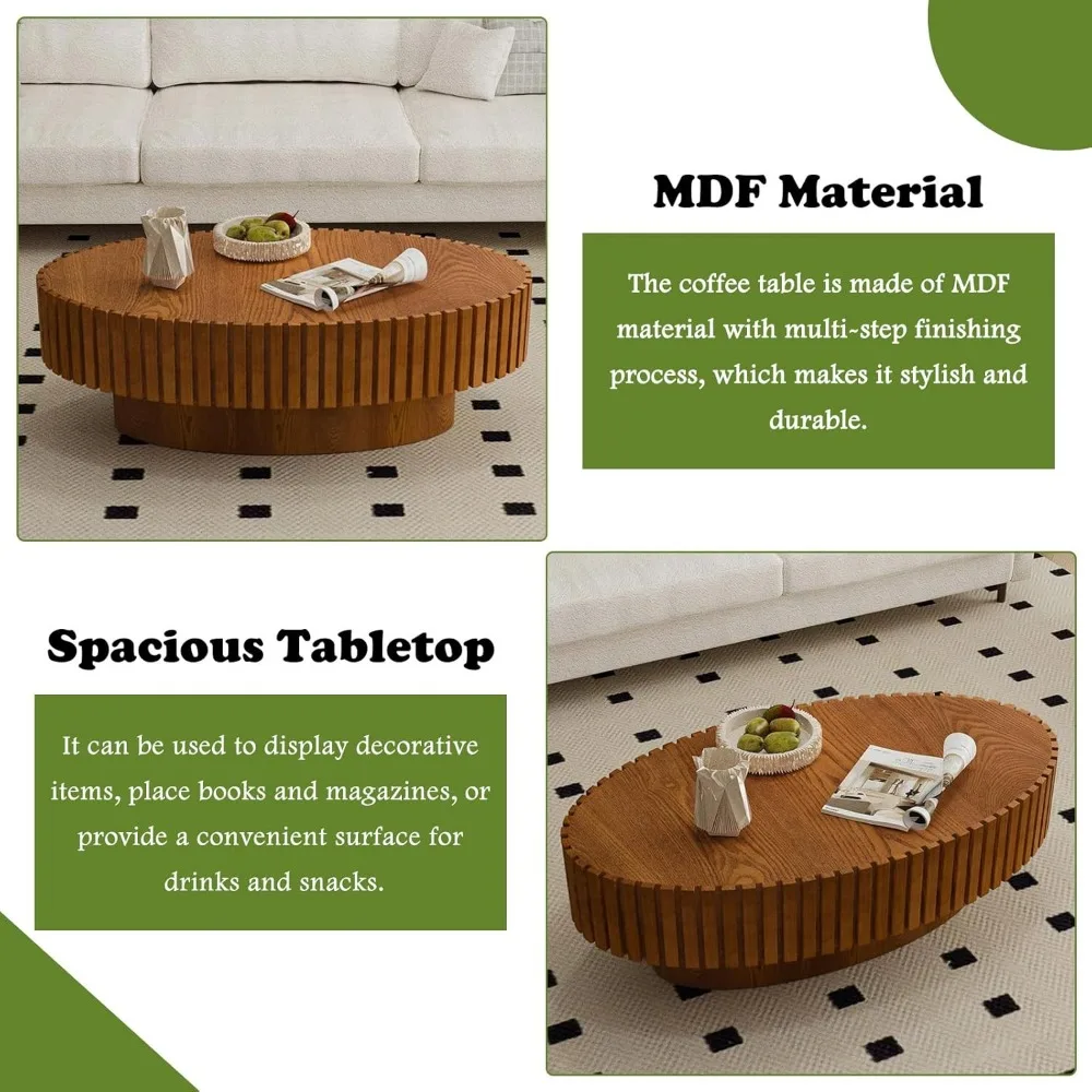 Modern Oval Fluted Coffee Table - Sturdy Pedestal Design, 43.3 Olive-Shaped Wood Drum Table for Living Room