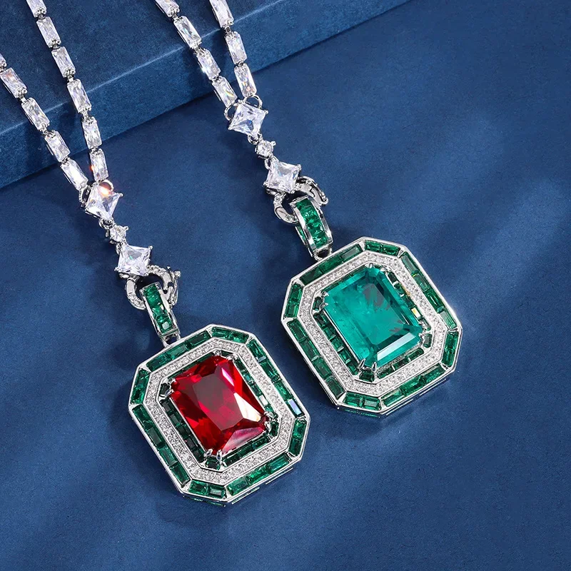 Emerald gem pendant red corundum square 12*16 women's model S925 silver plated 18K gold necklace clavicle chain