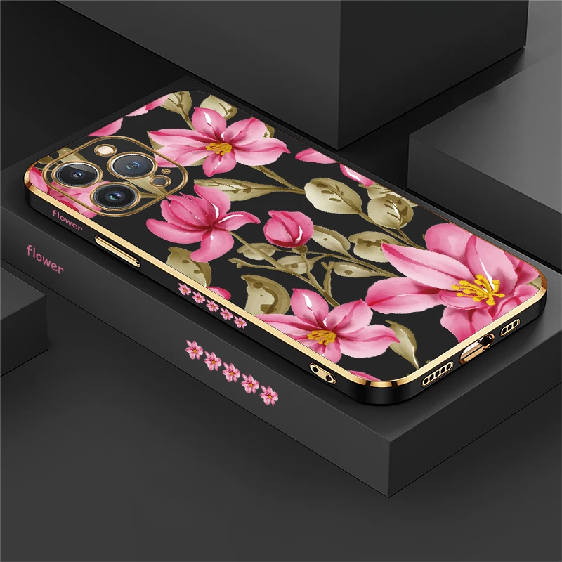Painting Phone Case For iPhone 13 Mini 12 Pro Max 11 XR XS Max X SE 2022 Luxury Flower Print Shockproof Silicone Plating Cover