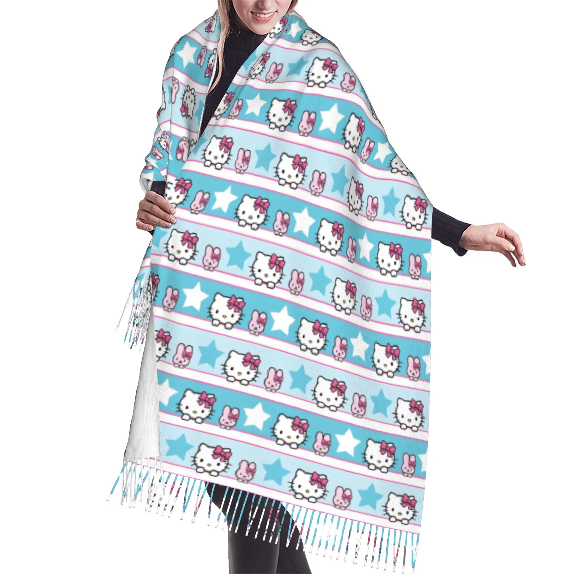 Custom Kitten Cat Cartoon Tassel Scarf Women Soft Anime Shawls Wraps Ladies Winter Fall Scarves