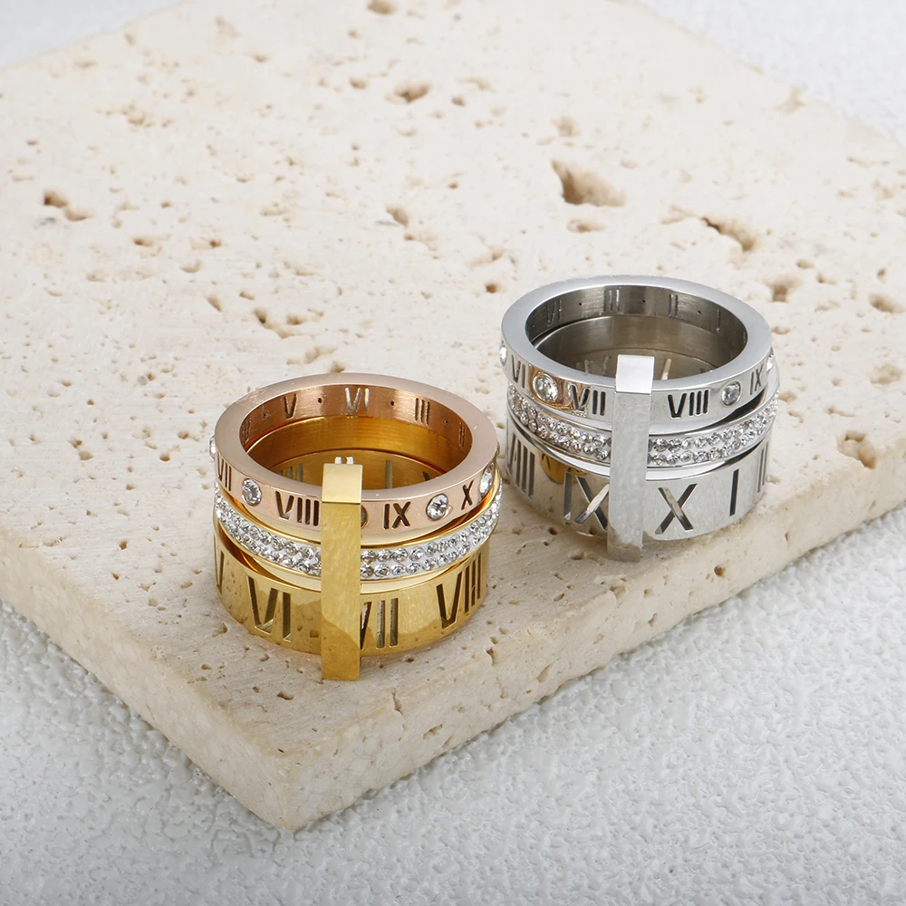 Drei Schichten Römischen Ziffern Ring für Frauen Luxus Edelstahl Drehbare Kristall Finger Ringe Weibliche Hochzeit Trendy Schmuck – Detail 10