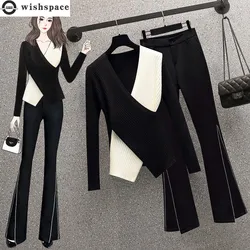 Conjunto elegante de dos piezas para mujer, blusa de chifón cosida en blanco y negro, pantalones de abrigo, novedad de verano 2022