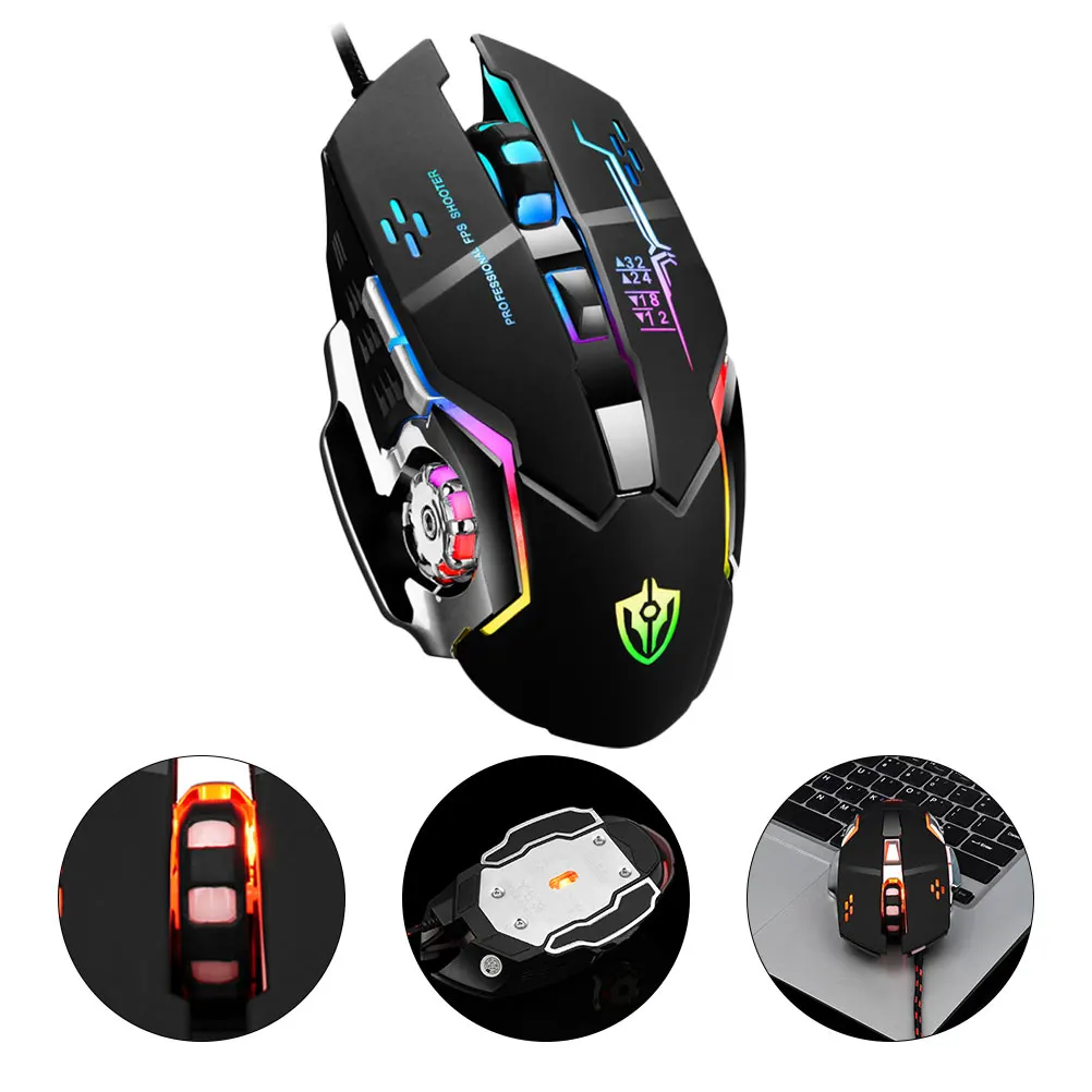 

1pc Heavy Metal Luminous Gaming Mouse Black Adjustable Dpi Programmable Buttons Mechanical Design For Computer Led