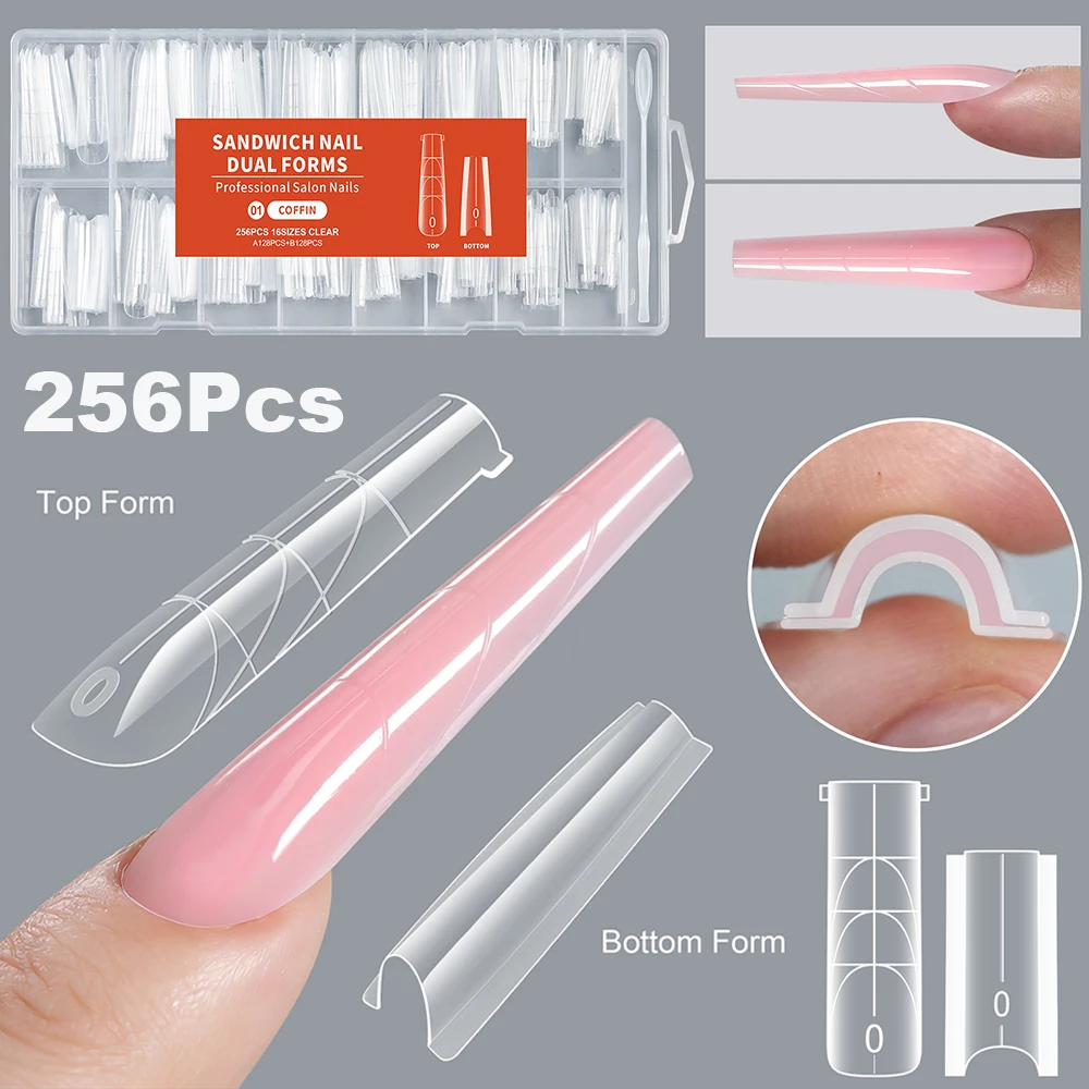 256pcs 16Size Reusable Top Bottom Forms Sandwich Nail Modes Quickly Building Gel Form Nail System Full Cover Tips Nail Extension
