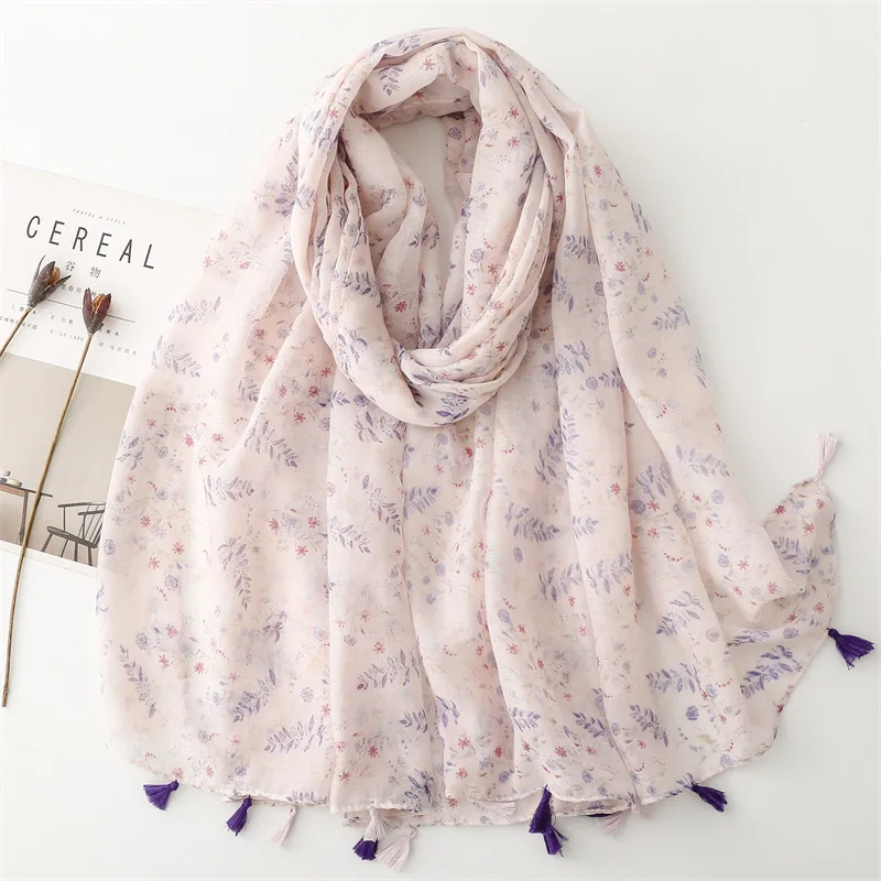 

2024 New Small Flower Print Tassel Scarf Shawls Beautiful Leaf Foulard Scarves Hijab Wrap