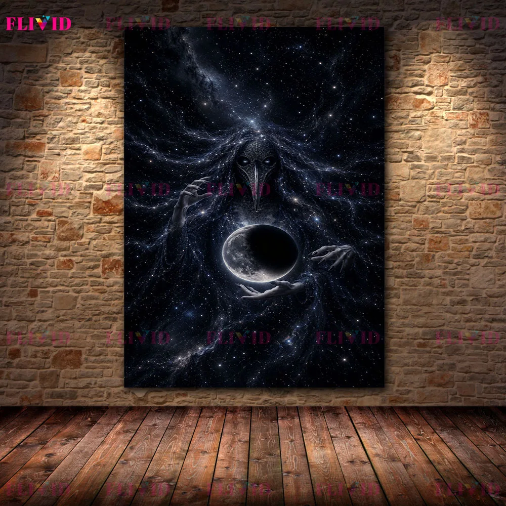 Gothic Plague Doctor Witch Canvas Wall Art,Celestial Starry Sky Lunar Orb Blood Moon Eclipse Surreal Dark Occult Art Poster