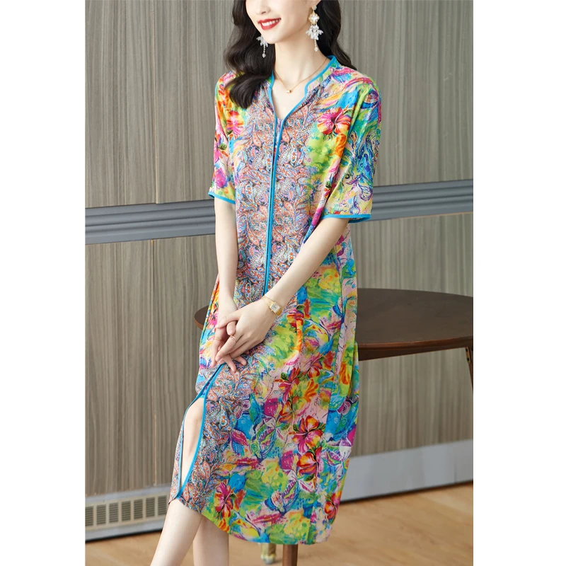 

Женское шелковое платье с принтом, свободное повседневное винтажное платье с V-образным вырезом и рукавом 2023 для отдыха, лето 5/4