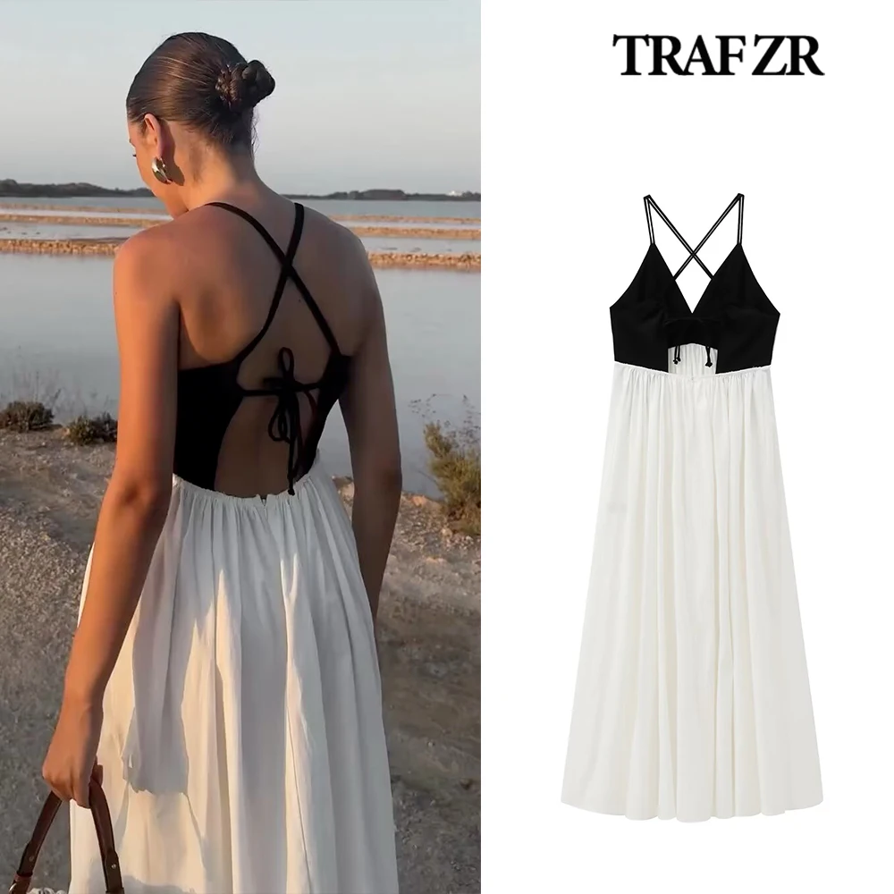 TRAF ZR Patchwork Elegant Women Dresses Open Back Contrast Summer Dress A-line Pleated Robe Maxi Dresses for Women  Sexy Dress