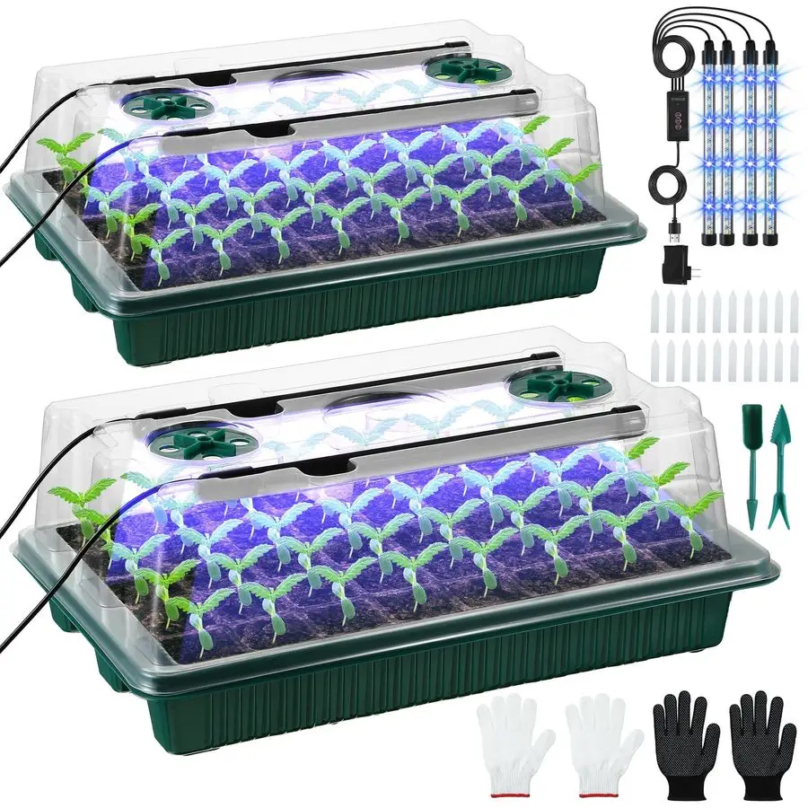 

2 Pack Seed Starter Tray with Grow Light, 80 Cell Indoor Greenhouse Seed Starting Set with Humidity Dome, 360 Full Spectrum LED,