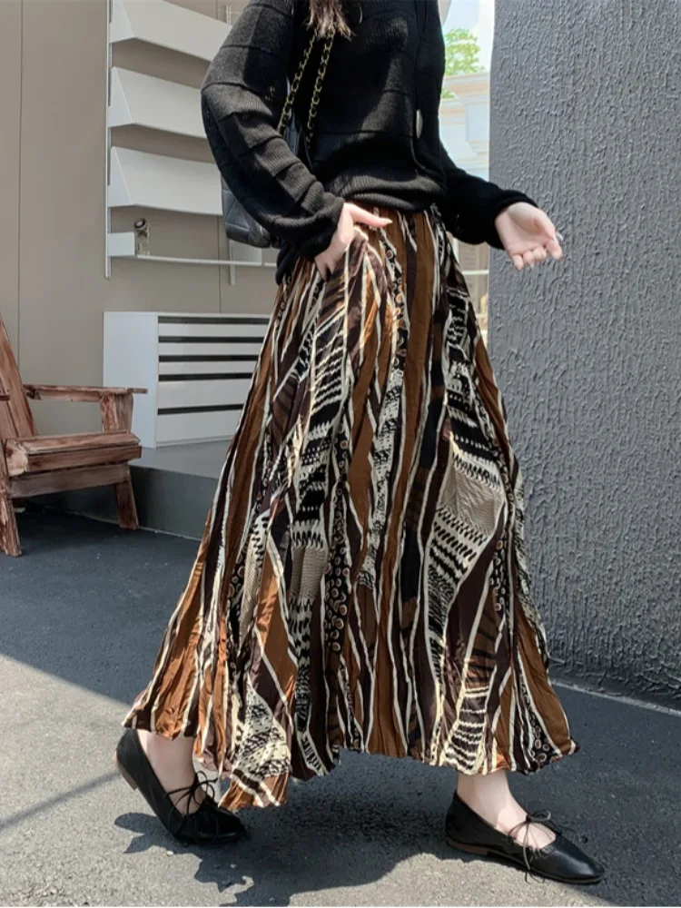 n Bedruckter f-langer A-Linien-Rock, hoch tailliertes, ausgestelltes Kleid, lässiges Pendelkleid, plissiertes Maxi-Dr für Damen