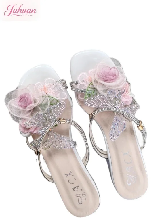 Original Fairy Design Flower Butterfly Rhinestone Cool Slippers Ladies 2025 Summer New Versatile Casual Fashion High Heel Women