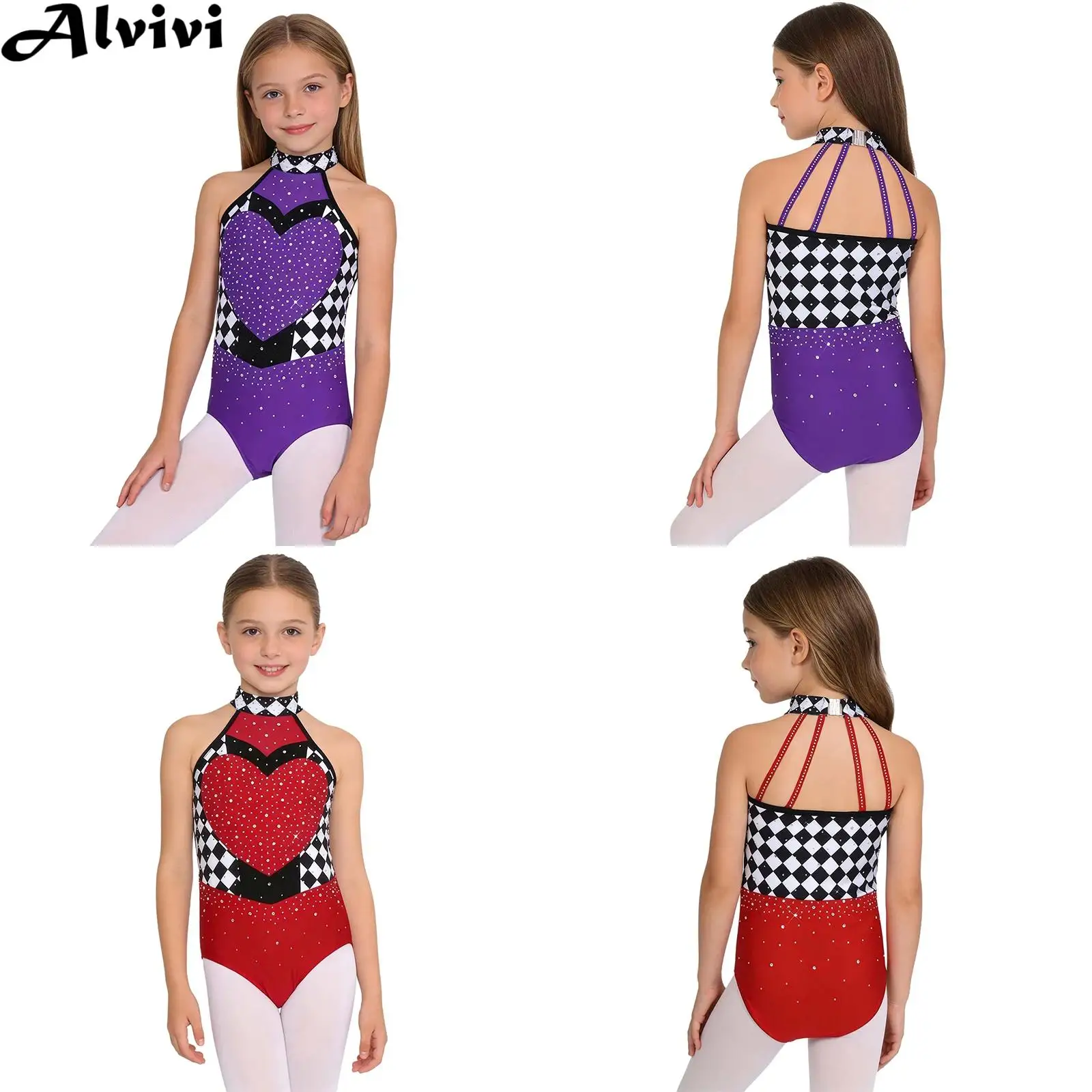 Kids Girls Shiny Rhinestones Figure Skating Gymnastics Ballet Dance Leotard Halloween Carnival Party Heart Queen Cosplay Costume
